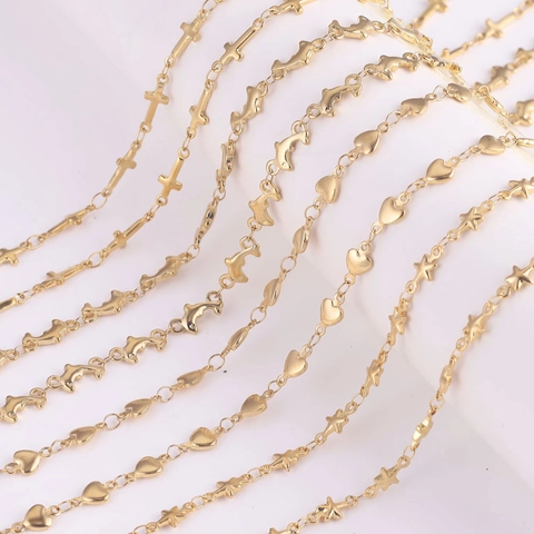 Stainless Steel Vacuum Plated DIY Jewelry Making Link Chains Heart Cross Star Dolphin Leaf Rhombus Shapes Accessory