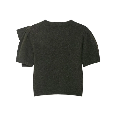 Women Short Sleeve Knitted Top Acrylic Crew Neck Elegant Large Bow Decor Pullover Solid Color Slim Crop Knit Sweater
