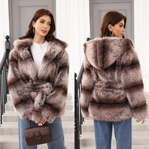 Cappotto In Pelliccia Sintetica Da Donna Con Cappuccio Cintura Manica Lunga A Righe Sfumato Giacca In Pelliccia Artificiale