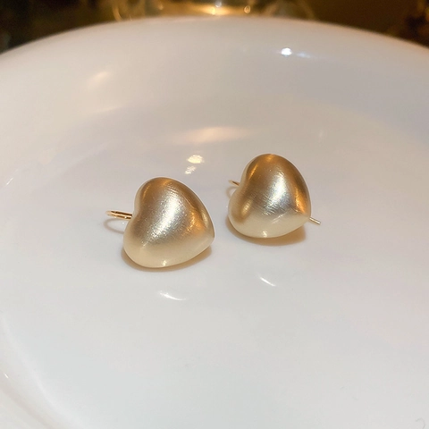 Heart Drop Earrings Gold Plated Copper With Steel Earring Post Brushed Matte Metal Texture Minimalist For Women