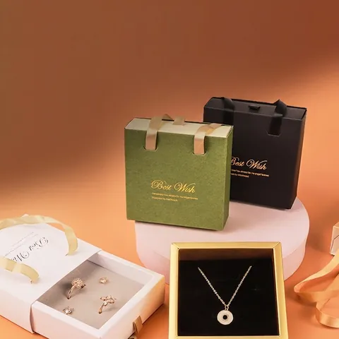 Tragbare Schmuckschatulle Schubladenstil Karton Bandgriff Goldfolie Geschenkverpackung Für Halsketten Ringe Ohrringe