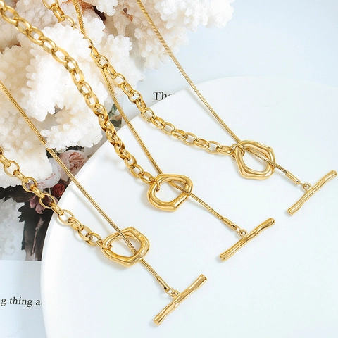 Collana Lunga Asimmetrica Con Chiusura A Gancio In Acciaio Al Titanio Placcato Oro 18K Catena Maglione Minimalista A Forma Di Y Per Donna