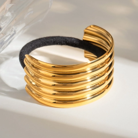 18K Gold Plated Stainless Steel Multi-Layer Hair Cuff With Black Elastic Hair Tie Minimalist Geometric Ponytail Holder For Women