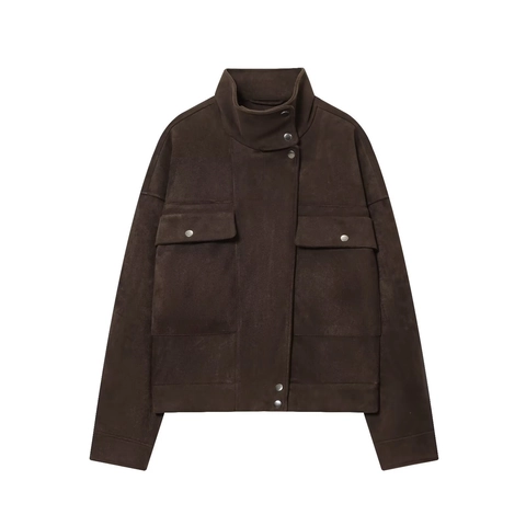 Chaqueta De Ante Sintético Para Mujer Cuello Alto Cremallera Botón De Presión Bolsillos Con Solapa Moda Color Sólido