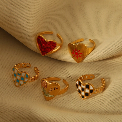 Heart Shaped Stainless Steel Ring Gold Plated Open Adjustable Enamel Checkered Flower Jewelry For Women Trendy
