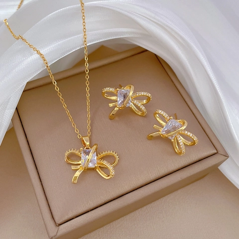Bowknot Jewelry Necklace And Earrings With Zircon Titanium Steel Copper Silver Earring Post Elegant For Women