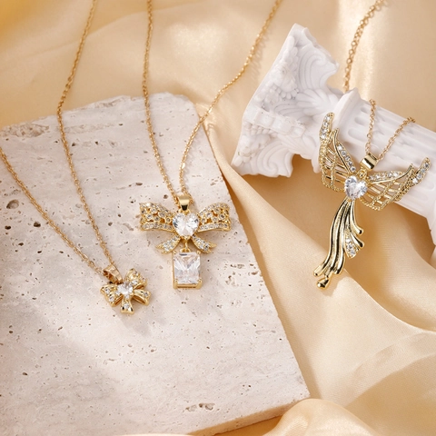 Minimalist Stainless Steel Gold Plated Pendant Necklace For Women Elegant Rhinestone Bowtie Angel Wings Heart Chain Jewelry