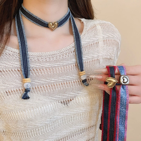 Denim Fabric Choker Necklace With Alloy Heart Pendant And Wood Beads Retro Korean Style Fashion Jewelry For Women