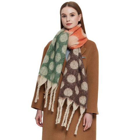 Large Polka Dot Scarf Shawl Thick Warm Winter Wrap Color Block Polyester Jacquard With Long Tassels For Women