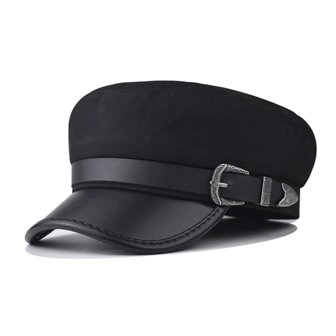 Cadet Cap Military Flat Top Hat Retro PU Leather Brim Engraved Metal Buckle British Fashion Outdoor Accessory