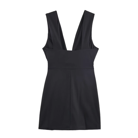 Women Sleeveless Deep V-Neck Acetate Satin Polyester Mini Dress With Rhinestone Bow Detail Elegant Socialite Style