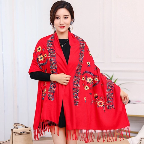 Sciarpa Ricamata Floreale Etnica Da Donna Scialle In Imitazione Cashmere Caldo Ispessito Con Nappe Elegante Pashmina Invernale