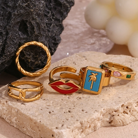 Vintage Edelstahl 18K Vergoldet Zirkonia Geometrischer Ring Emaille Rote Lippen Offener Verstellbarer Spiral Finger Schmuck