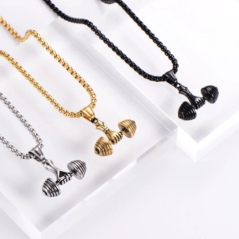 Retro Stainless Steel Dumbbell Pendant Necklace For Men Women Gym Fitness Sports Jewelry Gift Electroplated Neck Jewelry