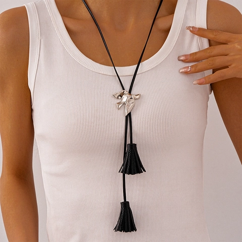 Bolo Tie Halskette Metall Vogel Anhänger Verstellbares Lederseil Quaste Lange Pulloverkette Vintage Ethno Schmuck Für Damen