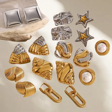 Pendientes de Acero Inoxidable de Moda para Mujer Geométricos Estrella Perla Artificial Diamante de Imitación Pendientes de Botón Oro Plata Joyería