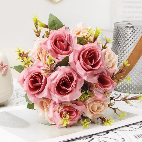 Artificial Rose Bouquet Satin Cloth Realistic Honey Roses For Wedding Home Decor Table Centerpiece Photography Props