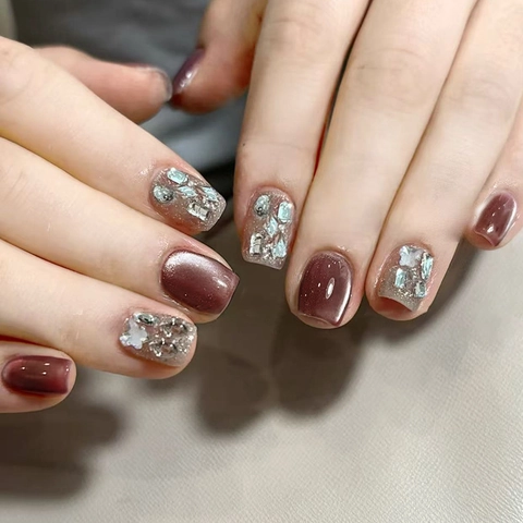 Dunkelrote Katzenauge Press On Nägel Strass Glitzer ABS Kunststoff Eckige Ballerina Falsche Nägel Für Frauen