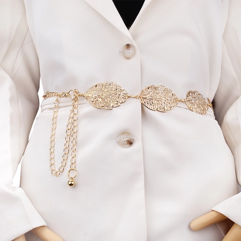 Fashion Hollow Leaf Metal Waist Chain Belt For Women Gold Silver Alloy Adjustable Dress Link Chain Decorative Accessory