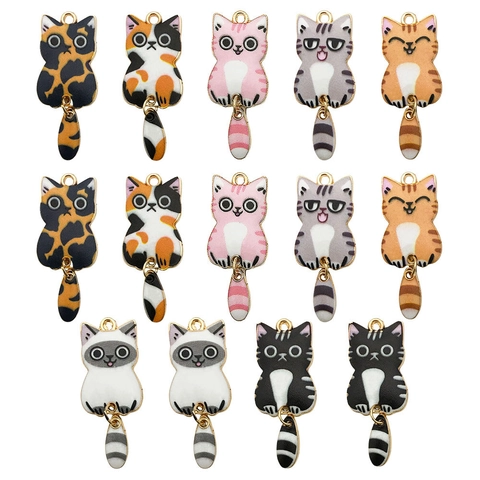 Cartoon Cat Charms Alloy Drip Oil Enamel Pendants With Movable Tail For DIY Jewelry Making Necklaces Keychains Crafting
