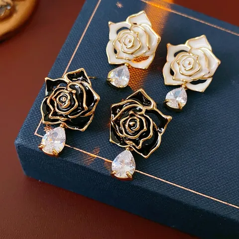 Roos Bloem Hangende Oorbellen Emaille Koper Zirkoon Vintage Luxe Frans Chique Sieraden Voor Dames Met Zilveren Oorsteker