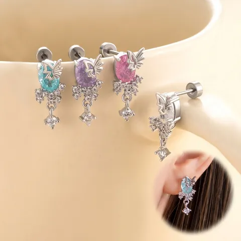 Butterfly Cartilage Stud Earring Titanium Steel With Zircon Dainty Helix Piercing Jewelry For Women Elegant Screwed Back