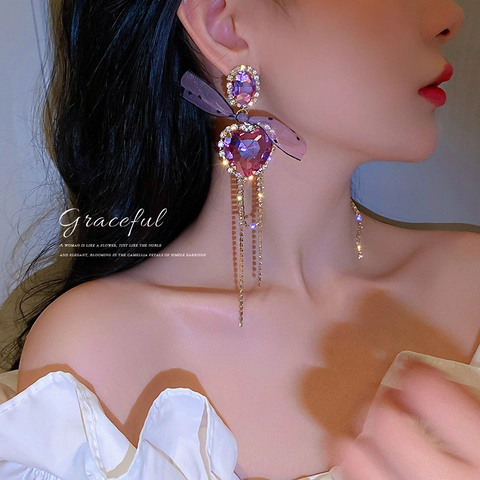 Boucles D'oreilles Pendantes Longues À Pampilles Nœud Papillon Cœur Cristal Violet Alliage Avec Tige En Argent Bijoux