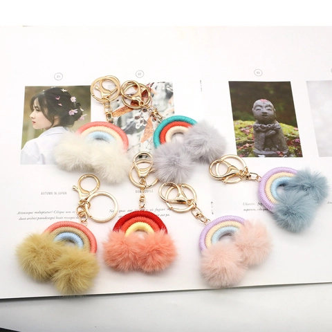 Portachiavi Arcobaleno Macramè Cotone Pompon Fatto A Mano Boho Colorato Ciondolo Per Borsa Auto Donna