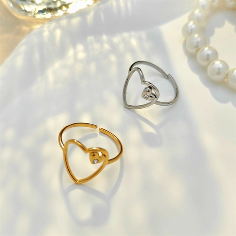 Minimalist Edelstahl Doppel Herz Hohl Offen Ring Für Damen Verstellbar Strass Verziert Mode Schmuck Geschenk