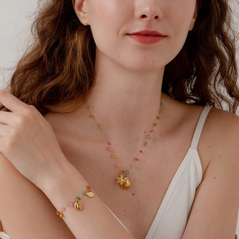 Bohemian Stainless Steel Starfish Shell Pendant Necklace Bracelet Set For Women Colorful Natural Stone Gold Plated Jewelry