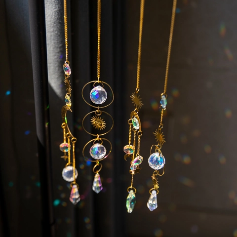 Crystal Suncatcher Hanging Ornament Brass Metal Celestial Sun Moon Star Rainbow Maker Window Garden Boho Home Decor