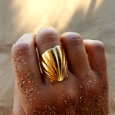 Goldene Muschel Ring Edelstahl 18K Vergoldet Verstellbarer Offener Ring Strand Sommer Schmuck Für Frauen