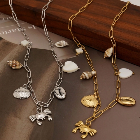 Oceaan Thema Krab Schelp Hanger Ketting Roestvrij Staal Kunstparelmoer Zomer Strand Sieraden Voor Dames Waterdicht