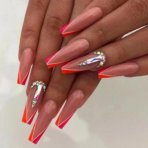 Luxury Long Coffin Press On Nails Aurora Square Rhinestone French V-Tip Orange Pink Gradient Fake Nails For Women Manicure