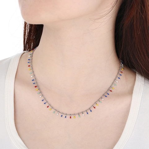 Stainless Steel Enamel Droplet Chain Necklace Colorful Dopamine Style For Women Versatile Fashion Jewelry