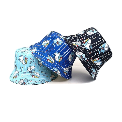 Kids Shark Pattern Printed Bucket Hat Polyester Sun Protection Outdoor Fisherman Cap For Boys Girls Toddler Sun Hat