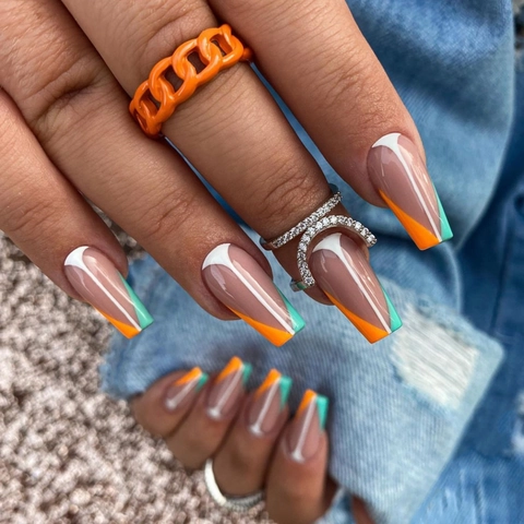 Französische Geometrische Farbblock Sarg Aufpressnägel Lange Glänzende ABS Kunststoff Künstliche Nägel Mit Kleber Aufkleber Und Nagelfeile Für Frauen