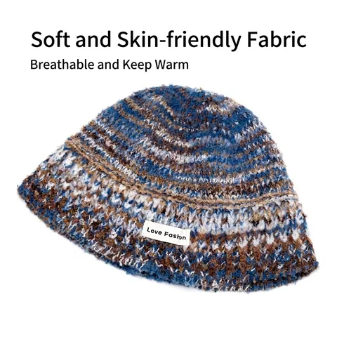 Women Knitted Bucket Hat Colorful Gradient Mixed Color Acrylic Warm Winter Fisherman Cap Fashion Patch Retro