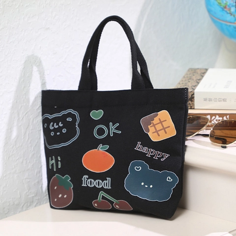 Japanese Cute Cartoon Canvas Handbag Portable Bento Lunch Bag For Women Students Canvas Tote Bag Small Top Handle Bag