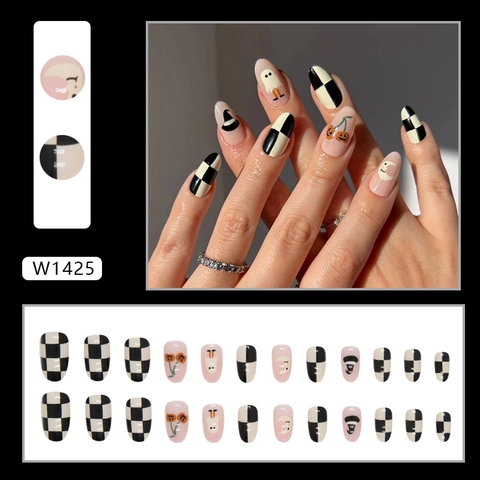 Halloween Press On Nails Oval Fake Nails Glossy Ghost Witch Hat Pumpkin Checkerboard Pattern Manicure Art