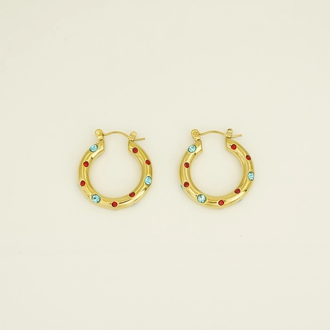 Boucles d'Oreilles Créoles en Acier Inoxydable Plaque Or Argent 18K Avec Incrustation de Strass Colores Pour Femmes