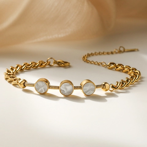 Bracciale Donna Geometrico Tondo Intarsio Conchiglia Zircone Vintage Acciaio Inossidabile Catena Mista Gioielli Chiusura A Moschettone