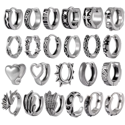 Stainless Steel Hoop Earrings Vintage Gothic Punk Skull Heart Star Dragon Wings Geometric Pattern Unisex Ear Buckle Jewelry
