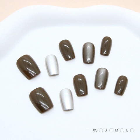 Handmade Press On Nails Cat Eye Brown Metallic Silver ABS Plastic False Nails Retro Square Shape For Women Girls