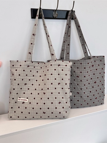 Canvas Tote Bag Women Checkered Polka Dot Bowknot Large Capacity Shoulder Handbag Daily Casual Commuting