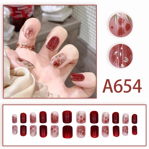 24Pcs Short Square Press On Nails Wine Red Rose Flower Silver Glitter Artificial False Nails With Glue For Women Sweet Style