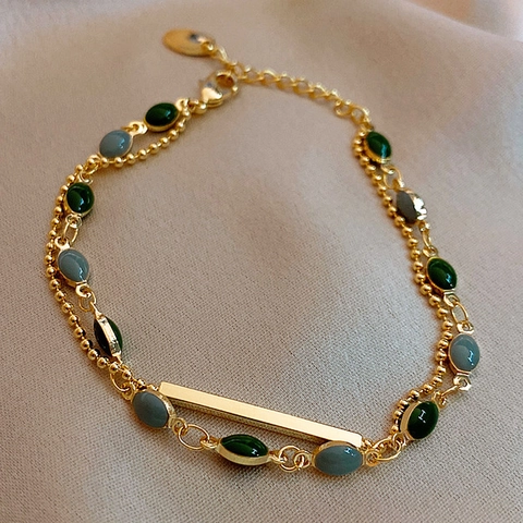Dubbellaagse Armband Voor Dames Legering Kunststeen Retro Franse Stijl Stapelbare Sieraden Elegante Polsaccessoire