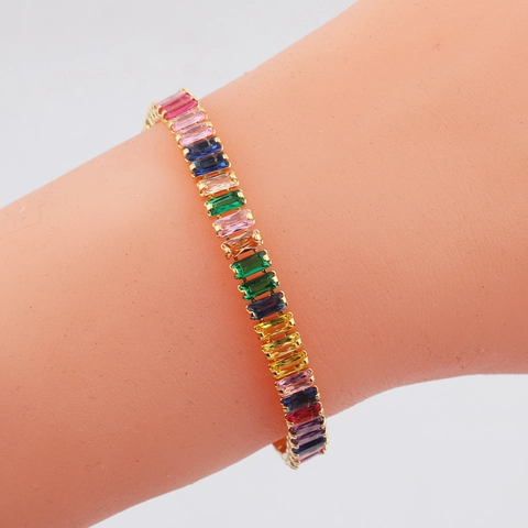 Bracciale Tennis In Zircone Arcobaleno Taglio Smeraldo Rame Placcato Oro Gioielli Di Lusso Per Donne