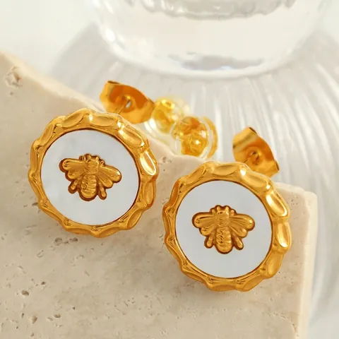Bijoux Abeille Collier Et Boucles D'oreilles Acier Inoxydable Nacre Rond Élégant Minimaliste Pour Femme
