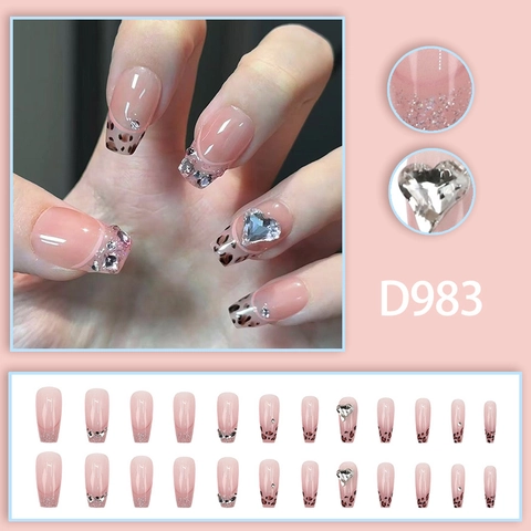 Faux Ongles Longs Cercueil À Presser Léopard Français Cœur Strass Dégradé Rose Paillettes Ongles Pour Femmes